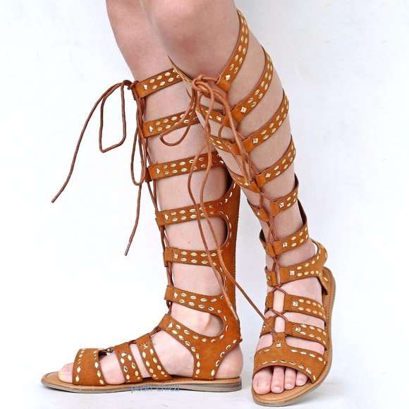 New Tan Gold Studded Knee High Gladiator Sandals - Picture 1 of 3